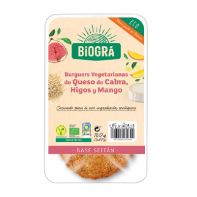 Hamburguesa de seità, mango, figues i formatge de cabra Hamburguesa de seità, mango, figues i formatge de cabra