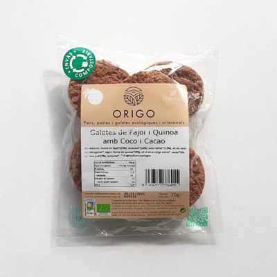 Galetes de fajol i quinoa amb coco i cacao eco Origo 70g Galetes de fajol i quinoa amb coco i cacao eco Origo 70g